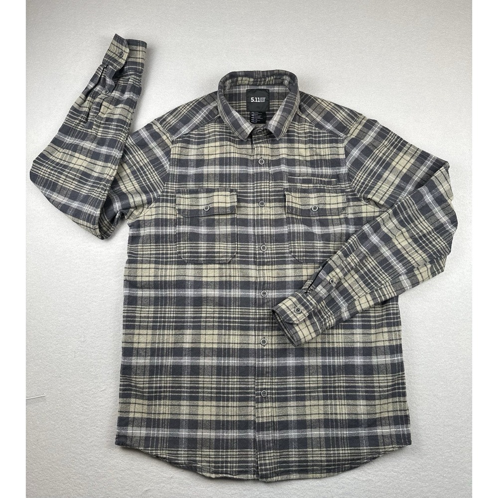 5.11 Tactical Mens Small Plaid Button Up Shirt Gray Tan Cotton Field Utility